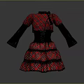 Red And Black Plaid Dress With Black Corset Waistband Gray Long Sleeves And Bow Detail
