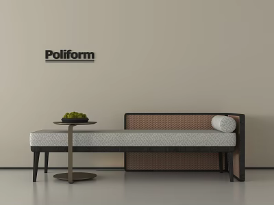 Poliform Banquette Sofa With Upholstered Seat Woven Detail Round Pillow And Side Table Fruit Tray 3d model