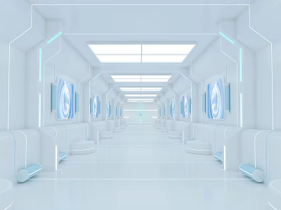 Futuristic White Corridor With Illuminated Lines Digital Screens And Symmetric Layout 3d model
