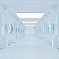 Futuristic White Corridor With Illuminated Lines Digital Screens And Symmetric Layout