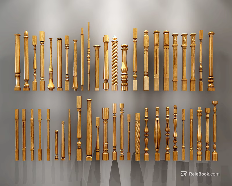 Gold Balusters With Various Decorative Designs And Intricate Patterns For Railing Decoration 3d model 