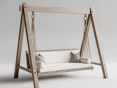 Modern Wooden Frame Swing Chair With White Cushion And Soft Pillows 3d model