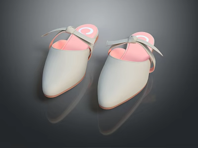 Light Gray Pointed Toe Slippers with Pink Inner and Bowknot Decorative Design 3d model