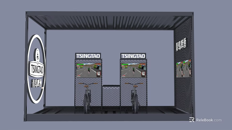 Interactive Cycling Amusement Equipment With TSINGTAO Brand Screens Bicycles And Simulated Scenes 3d model 