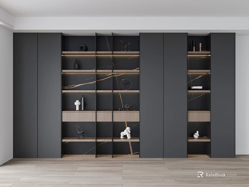 Modern Gray Open Bookcase With Layered Shelves And Decorative Items 3d model