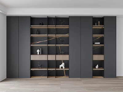 Modern Gray Open Bookcase With Layered Shelves And Decorative Items 3d model