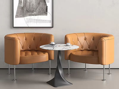 Modern Table And Chair Set Featuring Orange Leather Tufted Armchairs Round Marble Top Metal Legs 3d model