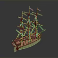 Ancient Sailing Ship Wooden Model With Multiple Masts And Colorful Flags