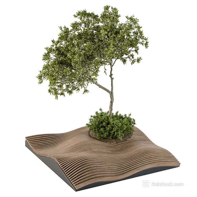 Outdoor Wooden Wavy Landscape Seat With Small Tree And Green Shrubs 3d model 