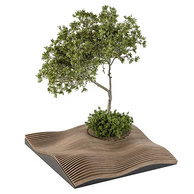 Outdoor Wooden Wavy Landscape Seat With Small Tree And Green Shrubs 3d model