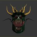 Game Movie Character Green Dragon Head With Golden Horns Red Eyes And Sharp Fangs