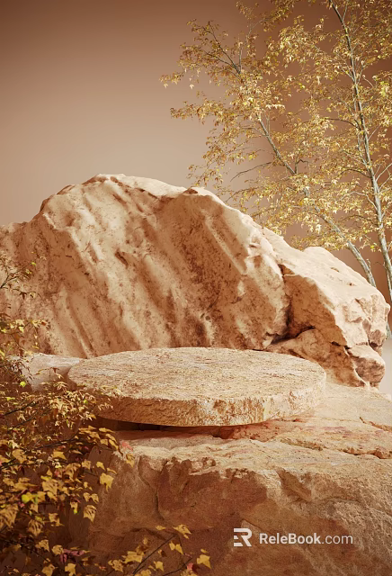 Natural Stone E-commerce Display Stand With Round Platform And Yellow Leaf Tree 3d model