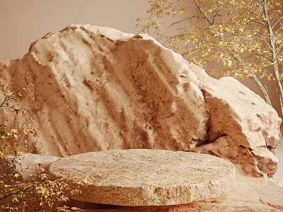 Natural Stone E-commerce Display Stand With Round Platform And Yellow Leaf Tree 3d model