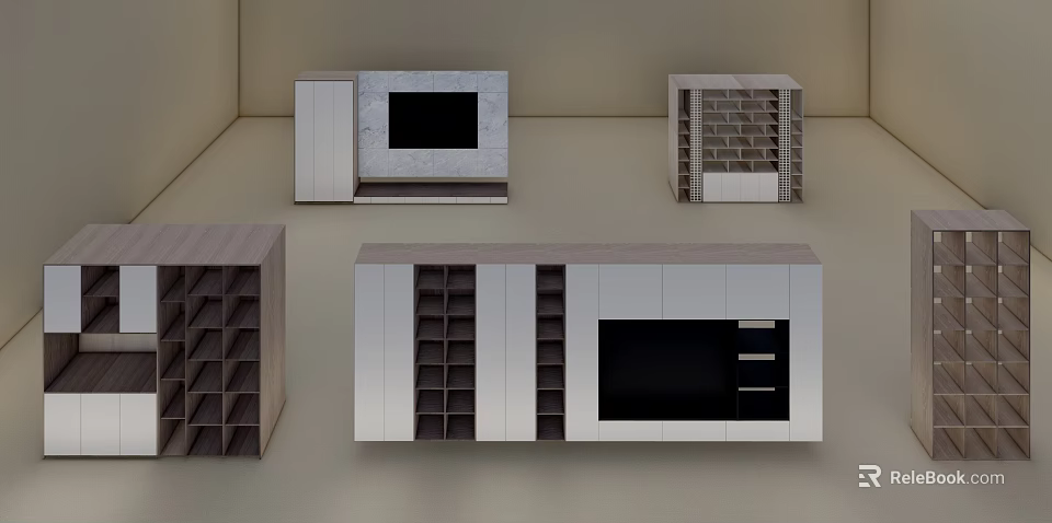Modern Decorative Storage Cabinets With Various Designs Shelves And Drawers 3d model 