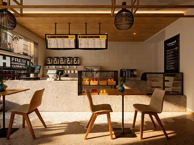 Cozy Bubble Tea Shop Interior With Wooden Tables Chairs Menu Boards And Pendant Lights 3d model