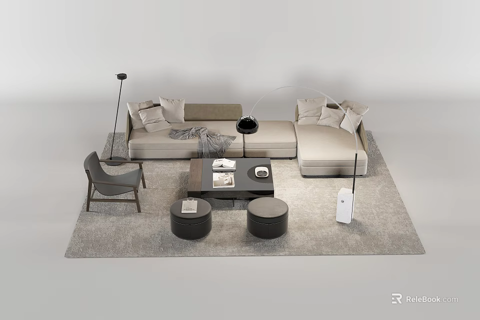 Modern Sofa And Coffee Table Set With Pillows Gray Rug Floor Lamp And Round Stools 3d model 