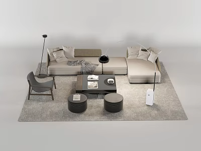 Modern Sofa And Coffee Table Set With Pillows Gray Rug Floor Lamp And Round Stools 3d model