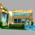 Exhibition Booth Display Shelves with Green Grass Decor Honor Display and Waterfall Backdrop
