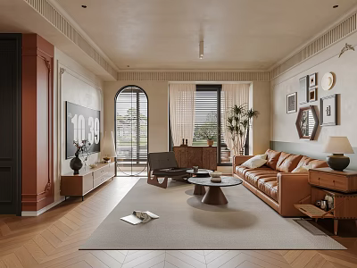 Elegant Living Room Interior Design With Brown Leather Sofa Arched Window And Framed Artwork 3d model