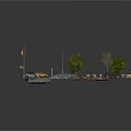 Urban Street Scene With Street Lamps Yellow Taxi Cars Trees And Cracked Pavement