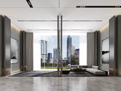 Modern Sales Office Interior With Floor to Ceiling Windows And City Skyline View 3d model