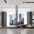 Modern Sales Office Interior With Floor to Ceiling Windows And City Skyline View