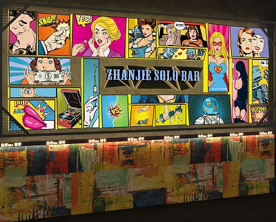 Zhanjie Solid Bar Public Facility With Comic Style Decorations And Colorful Wall Art 3d model