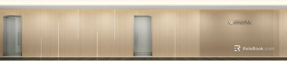 Modern Elevator Hallway With Wooden Walls Glass Door And Recessed Lighting 3d model 