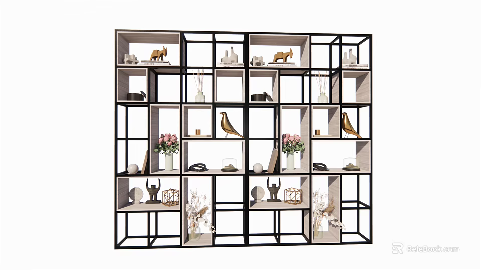 Modern Decorative Shelf Unit with Black Frame and White Shelves Displaying Vases Sculptures Plants 3d model 