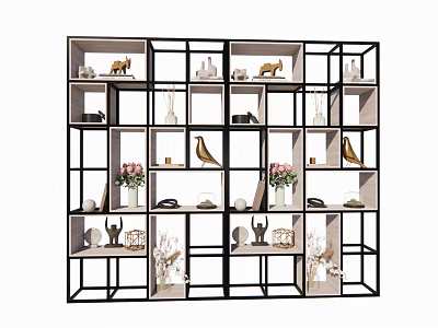 Modern Decorative Shelf Unit with Black Frame and White Shelves Displaying Vases Sculptures Plants 3d model