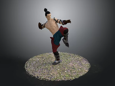 3D Model of Shirtless Man in Action Pose with Raised Leg and Outstretched Arms 3d model