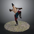3D Model of Shirtless Man in Action Pose with Raised Leg and Outstretched Arms