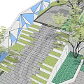 Geometric Staircase Design With Gray Stone Slabs Green Lawn Trees And Blue White Panels
