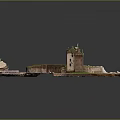 Detailed Castle Model Display With Stone Brick Structure Green Grass And Encircling Walls