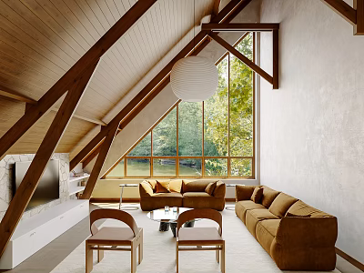 Bright Living Room Interior Design With Wooden Trusses Large Window Green Trees And Brown Sofas 3d model