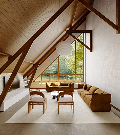 Bright Living Room Interior Design With Wooden Trusses Large Window Green Trees And Brown Sofas 3d model