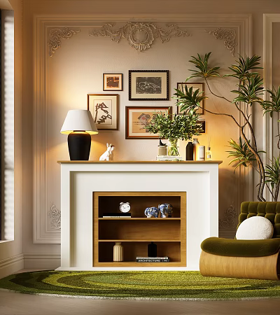 Cozy Fireplace Interior Design With Framed Pictures Table Lamp Green Plants And Decorative Shelves 3d model