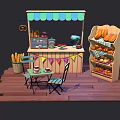 Small Wooden Bakery Stall with Green Blue Awning Assorted Bread Shelves and Outdoor Table Chairs