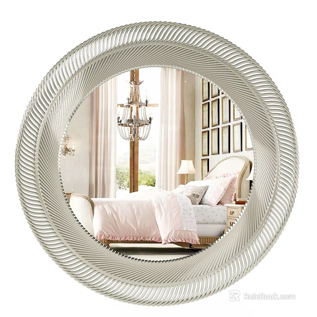 Round Decorative Mirror with Intricate Silver Frame Reflecting Bedroom Scene with Pink Quilt and Lamp 3d model 
