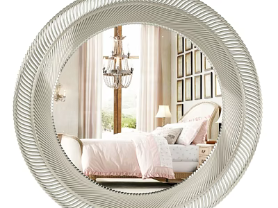 Round Decorative Mirror with Intricate Silver Frame Reflecting Bedroom Scene with Pink Quilt and Lamp 3d model