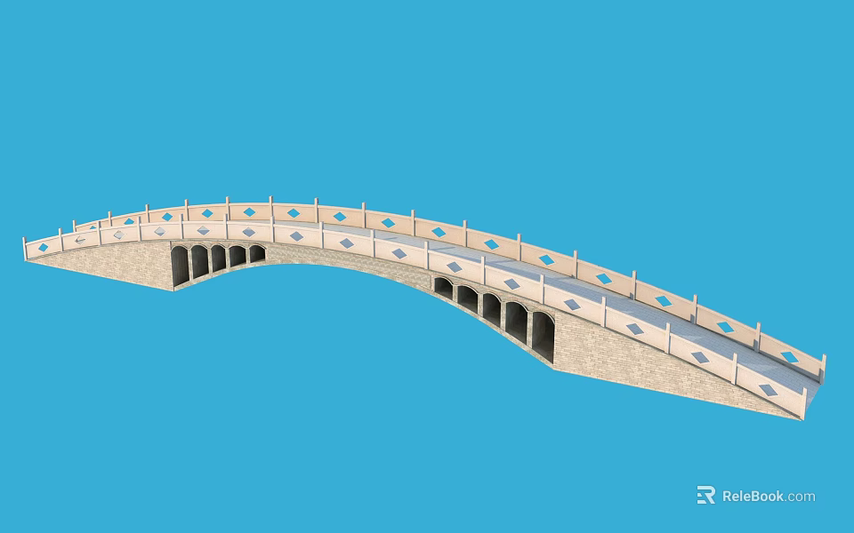Arched Stone Bridge With Decorative Railings And Multiple Arches Against Blue Sky 3d model