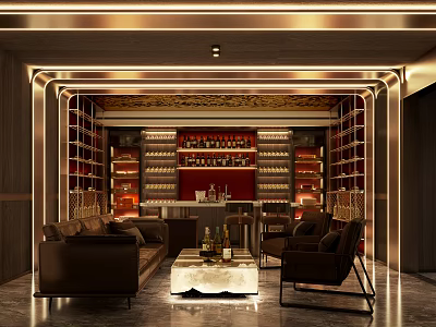 Luxury Bar Interior Design with Wine Racks Bar Counter Leather Sofas and Armchairs 3d model