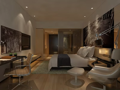 Modern Hotel Room Interior With Comfortable Bed Stylish Chair And Artwork 3d model