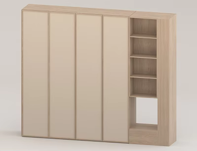 Modern Light Wood Wardrobe With Multiple Doors And Open Shelves Interior Design 3d model