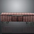 Red Train Car Model With Striped Roof Black Door Wheels And Reflective Gray Background
