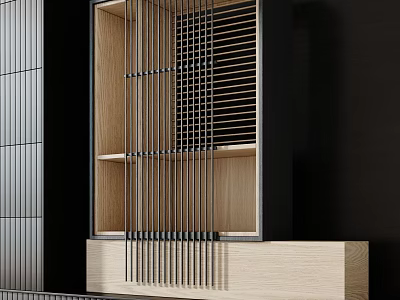 Modern Entryway Side Cabinet With Wooden Frame Slatted Design And Open Storage Shelves 3d model