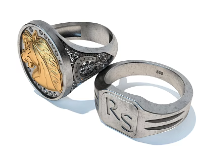 925 Silver Rings With Golden Horse Head Diamond Accents And RS Initials Design 3d model