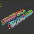 Three Blue And White Train Models Lined Up On Dark Reflective Surface 3d model