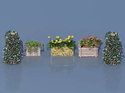 Bonsai Potted Plants With Colorful Flowers In Wooden Planters And Green Foliage 3d model