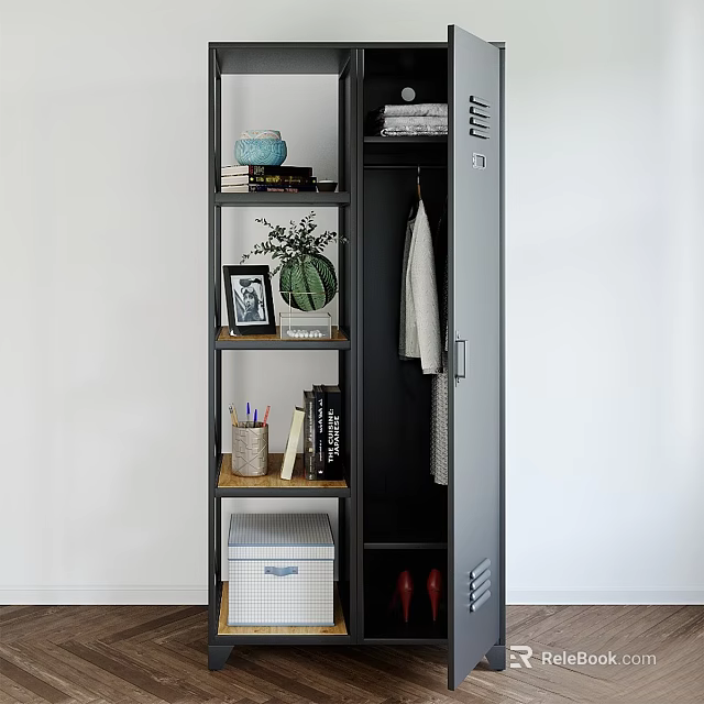 Modern Chest of Drawers with Shelves Green Plant Vase Photo Frame Books and Storage Box 3d model 
